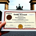 A person holding various German language certificates (Goethe-Zertifikat, telc Deutsch, TestDaF, DSH) with a background showing the Brandenburg Gate in Berlin. The image should convey the idea of opportunity and achieving language goals in Germany.