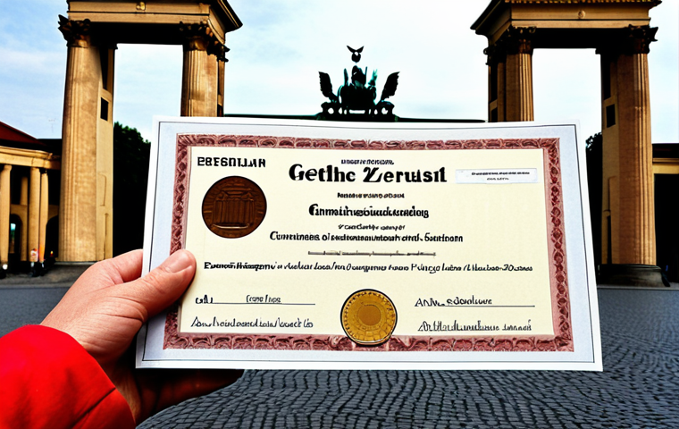 A person holding various German language certificates (Goethe-Zertifikat, telc Deutsch, TestDaF, DSH) with a background showing the Brandenburg Gate in Berlin. The image should convey the idea of opportunity and achieving language goals in Germany.