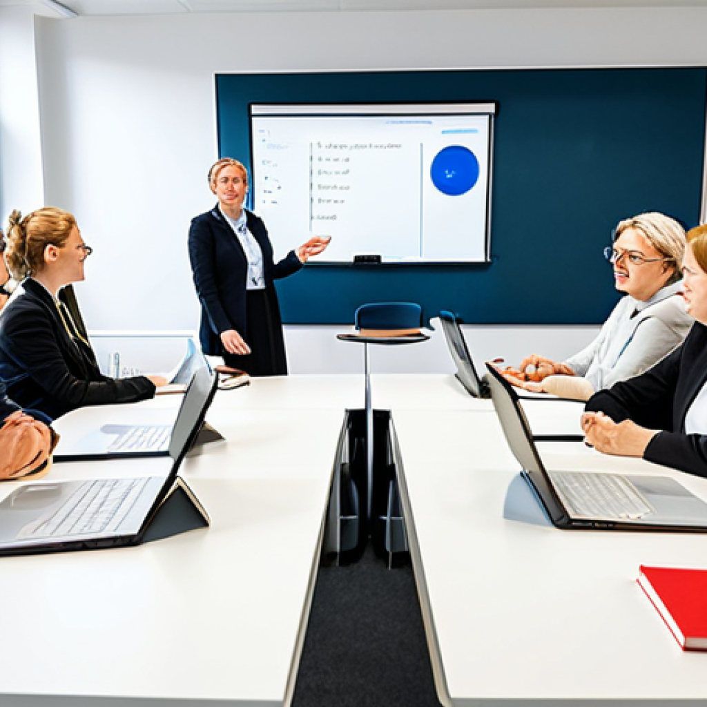A diverse group of adults of various ages engaged in a German language learning session. Some are seated at a modern, collaborative desk, interacting with textbooks and shared screens, while others participate virtually through a large video conference display on a wall. The room is brightly lit with natural light, featuring minimalistic decor and whiteboards displaying German grammar concepts like "das" and "der". All individuals are fully clothed in professional dress and modest clothing, exhibiting focused and positive expressions. The scene conveys a strong sense of community and collaborative learning. perfect anatomy, correct proportions, natural pose, well-formed hands, proper finger count, natural body proportions, professional photography, high quality, safe for work, appropriate content, family-friendly.