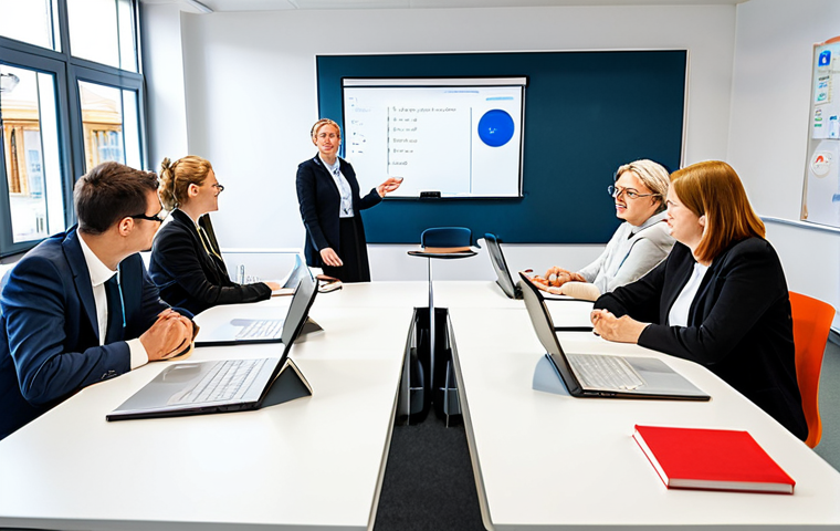 A diverse group of adults of various ages engaged in a German language learning session. Some are seated at a modern, collaborative desk, interacting with textbooks and shared screens, while others participate virtually through a large video conference display on a wall. The room is brightly lit with natural light, featuring minimalistic decor and whiteboards displaying German grammar concepts like "das" and "der". All individuals are fully clothed in professional dress and modest clothing, exhibiting focused and positive expressions. The scene conveys a strong sense of community and collaborative learning. perfect anatomy, correct proportions, natural pose, well-formed hands, proper finger count, natural body proportions, professional photography, high quality, safe for work, appropriate content, family-friendly.