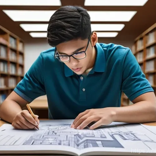 독일어 학문적 글쓰기 방법 - **Prompt:** "A young, focused male student, dressed in a neat polo shirt and casual trousers, meticu...