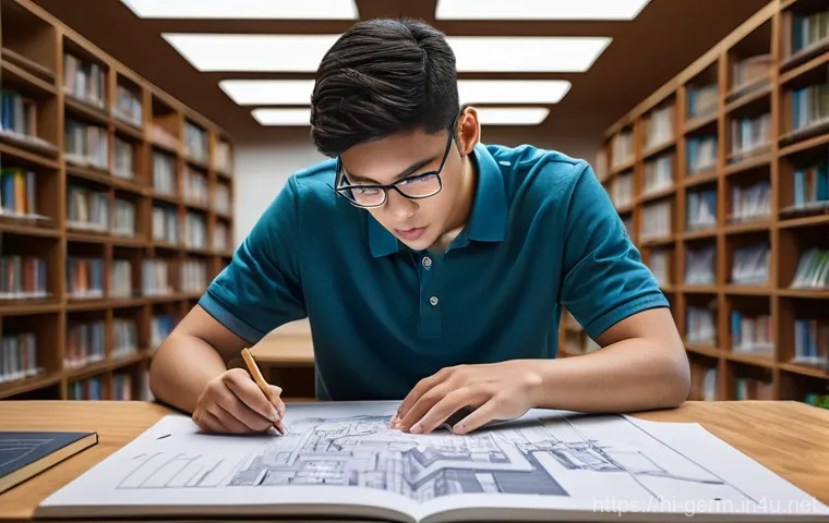독일어 학문적 글쓰기 방법 - **Prompt:** "A young, focused male student, dressed in a neat polo shirt and casual trousers, meticu...