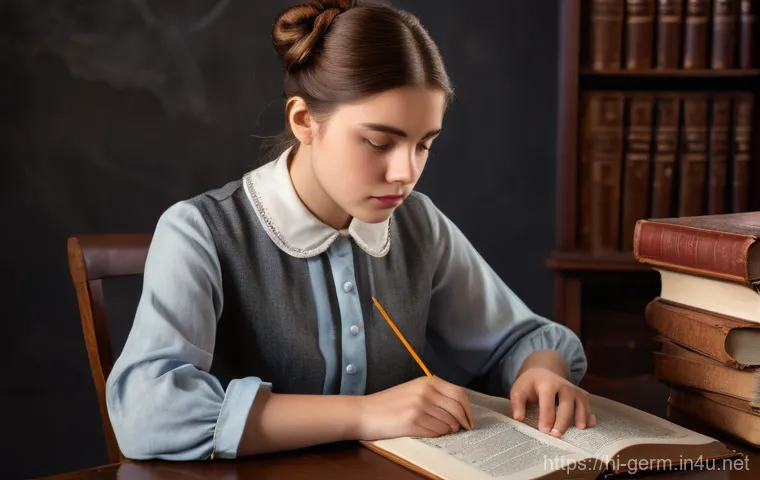 독일어 학문적 글쓰기 방법 - **Prompt:** "A young, focused male student, dressed in a neat polo shirt and casual trousers, meticu...